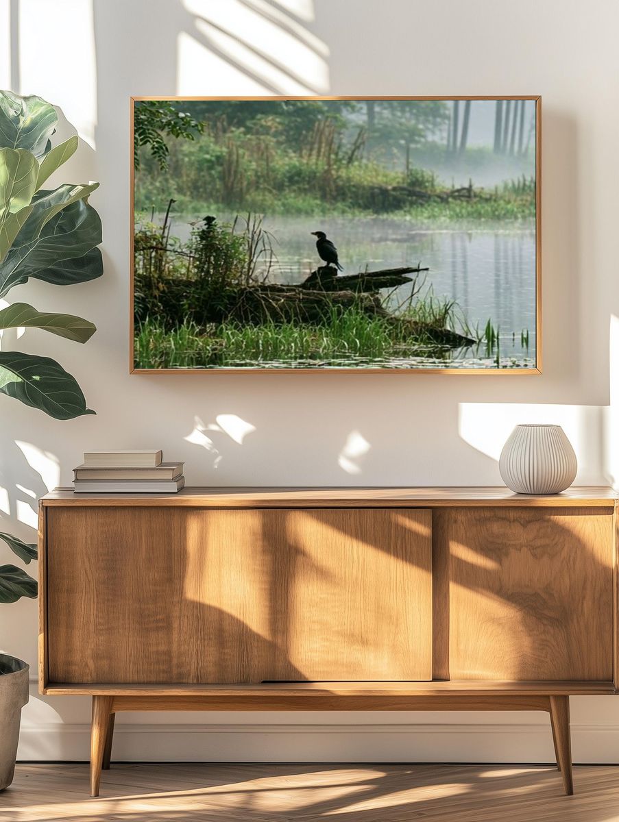 Misty Lakeside Bird Photography Poster. — room view 3