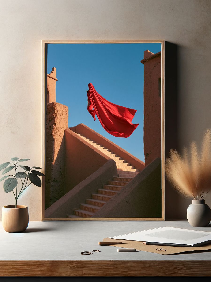 Red Cloak Stairway Photography Poster. — room view 2