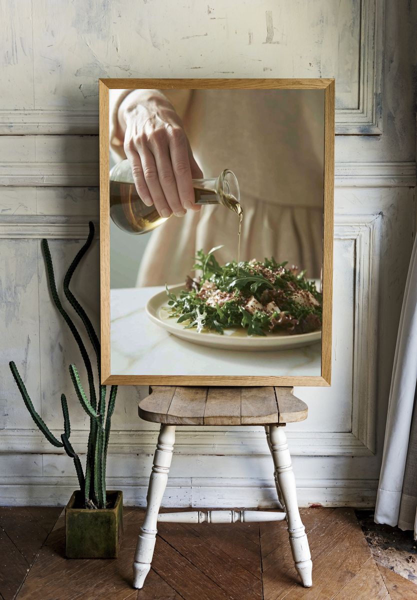 Olive Oil Salad Pour Photography Poster. — room view 1