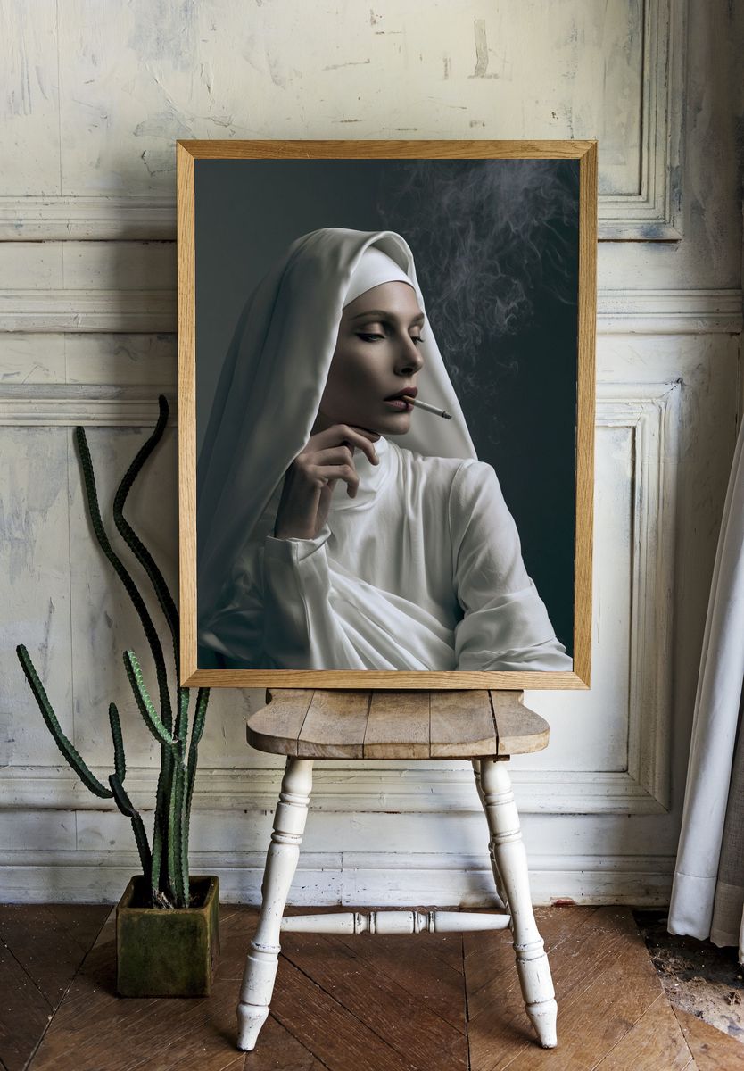 Smoky Nun Portrait Print. room preview