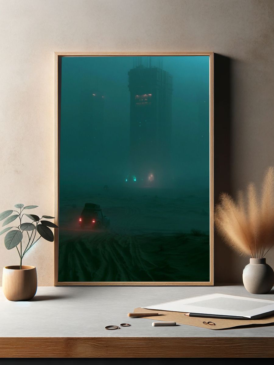 Foggy Neon Cityscape Photography Poster. — room view 2