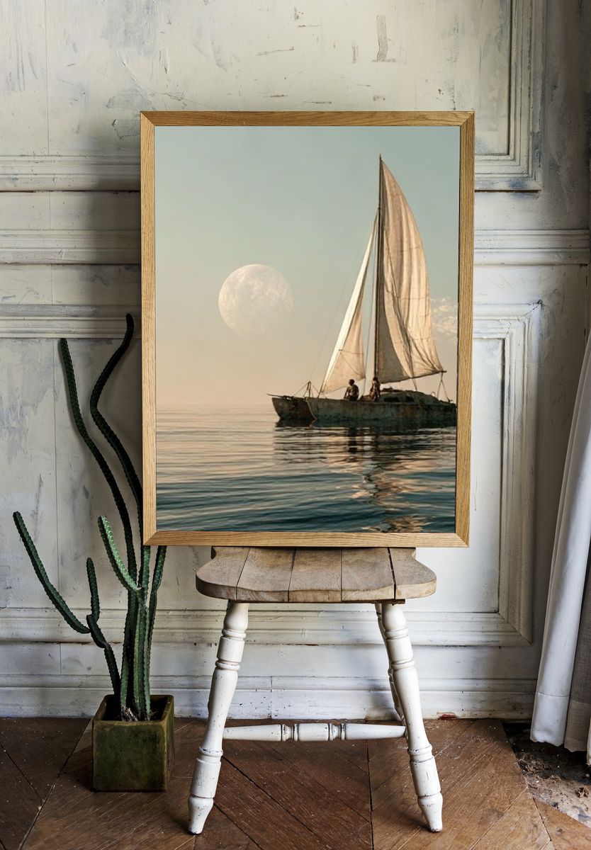 Moonlit Sailboat Photography Poster. — room view 1