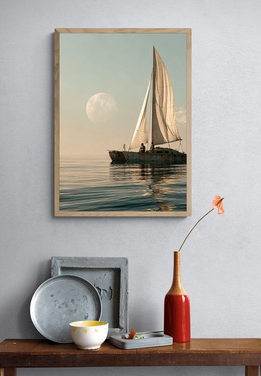 Moonlit Sailboat Photography Poster. — room view 3