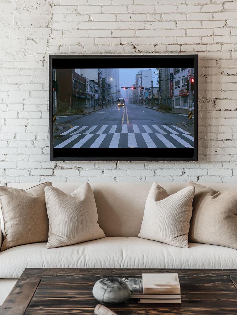 Foggy City Intersection Photography Poster. room preview