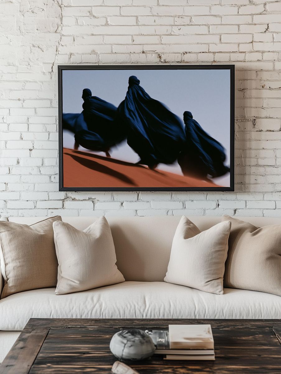 Desert Cloaked Figures Photography Poster. room preview