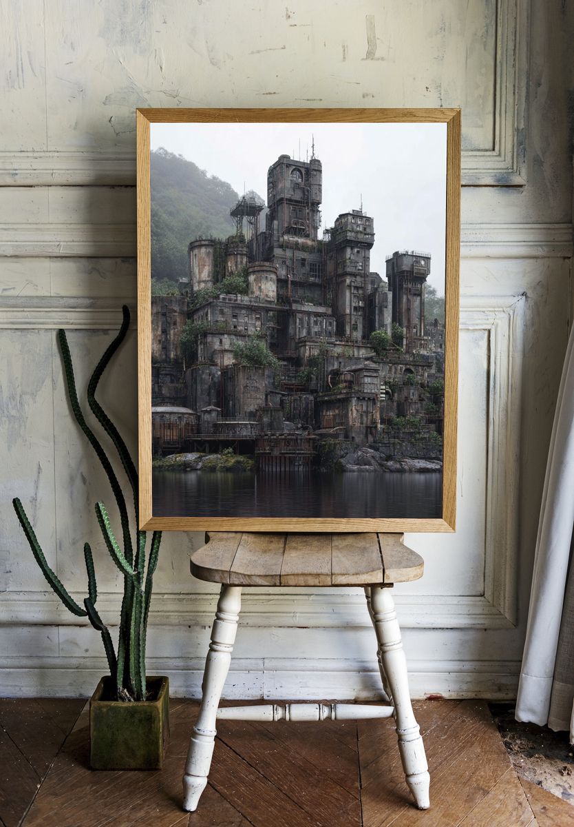 Misty Industrial Fortress Photography Poster. — room view 1