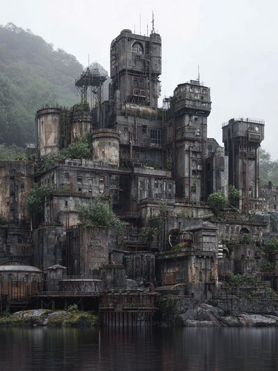 Misty Industrial Fortress Photography Poster. poster