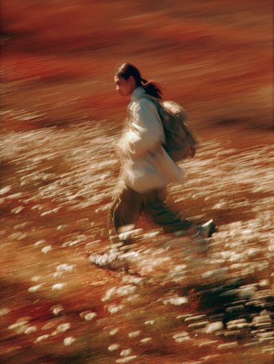Blurred Hiker in Autumn Field Poster. poster print