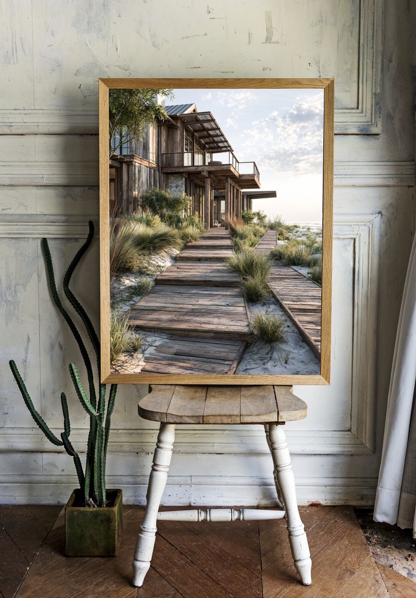 Coastal Boardwalk House Photography Poster. room preview