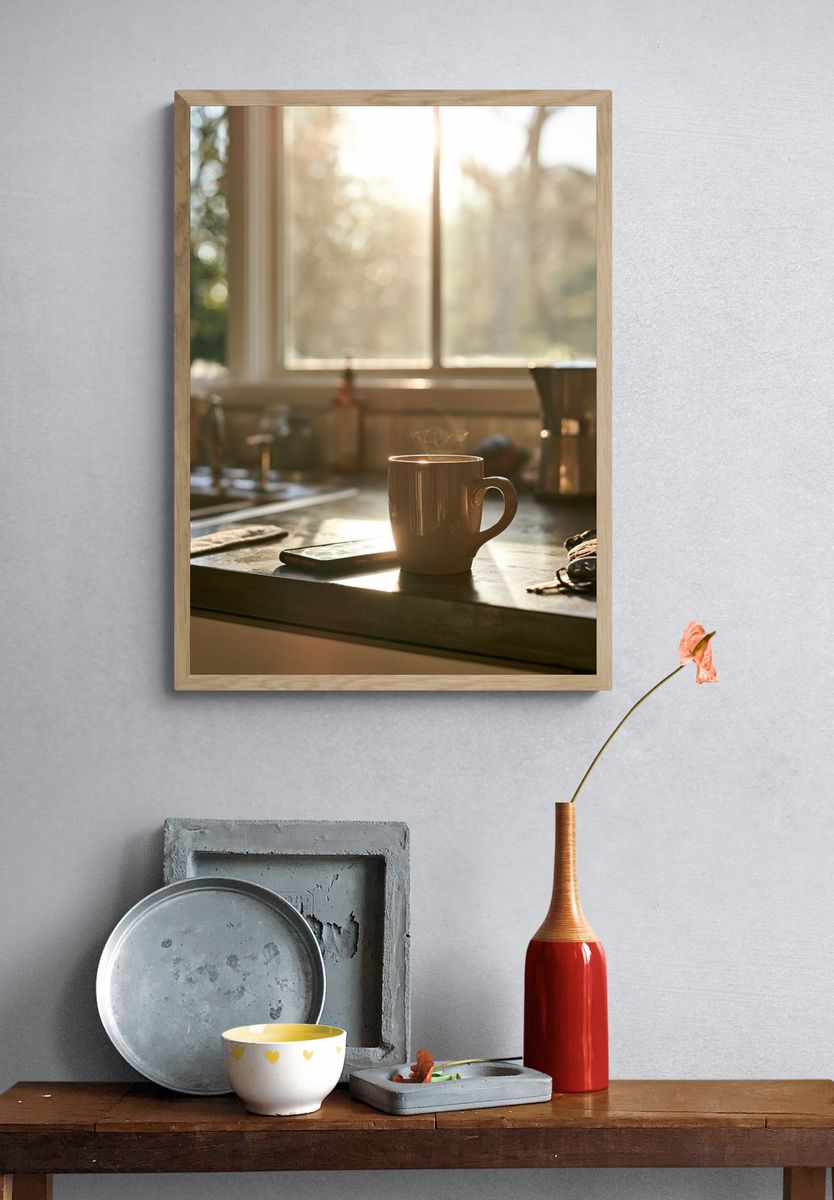 Sunlit Coffee Kitchen Photography Poster. — room view 3