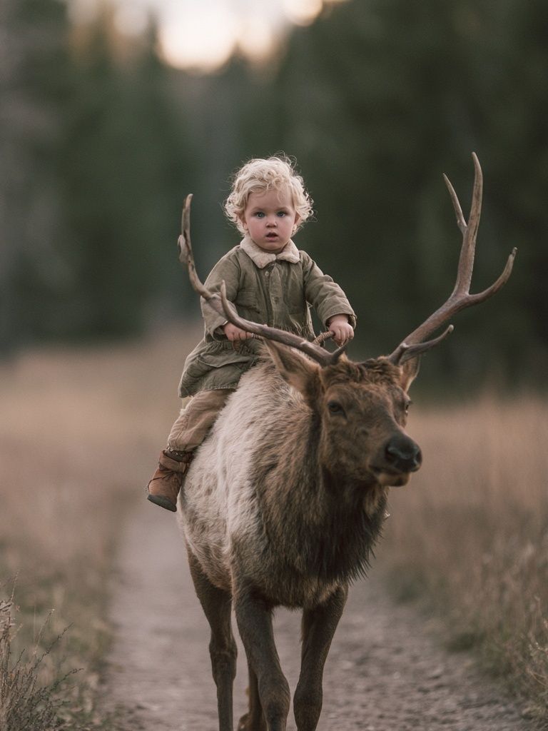 Child Riding Elk Photography Poster. poster detail