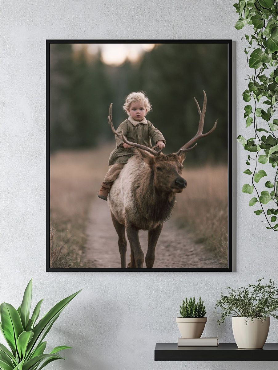 Child Riding Elk Photography Poster. — room view 4