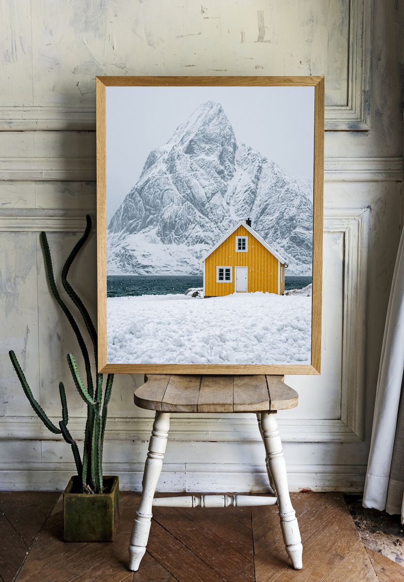 Snowy Mountain Cabin Photography Poster. — room view 1