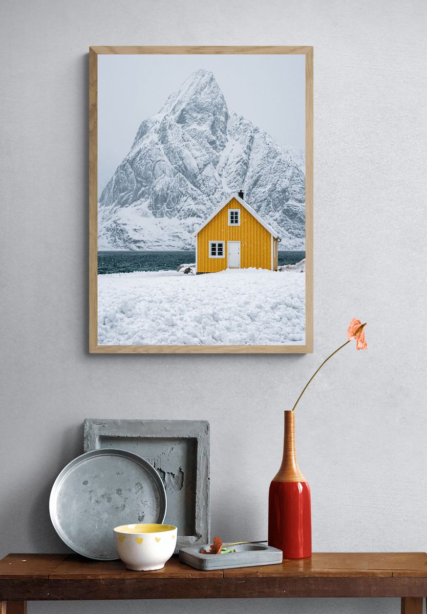 Snowy Mountain Cabin Photography Poster. — room view 3