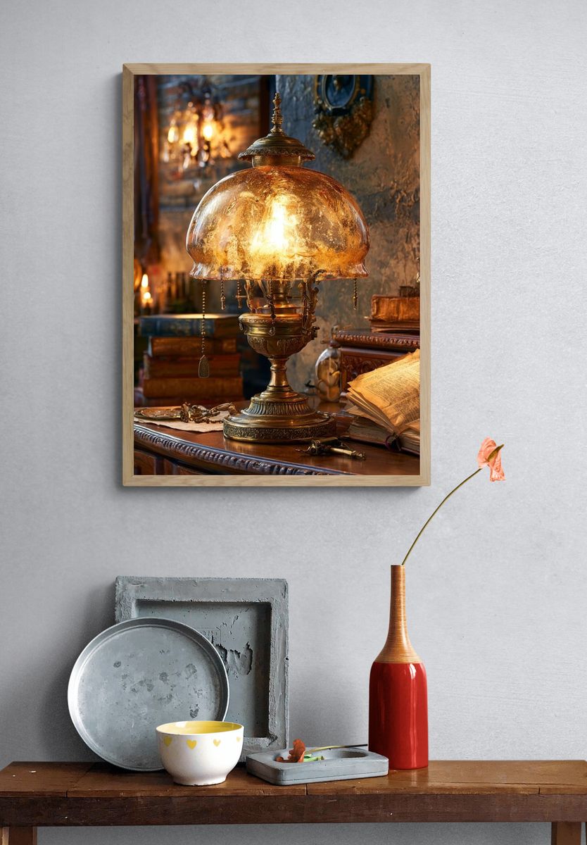 Antique Brass Lamp Still Life Poster. — room view 3