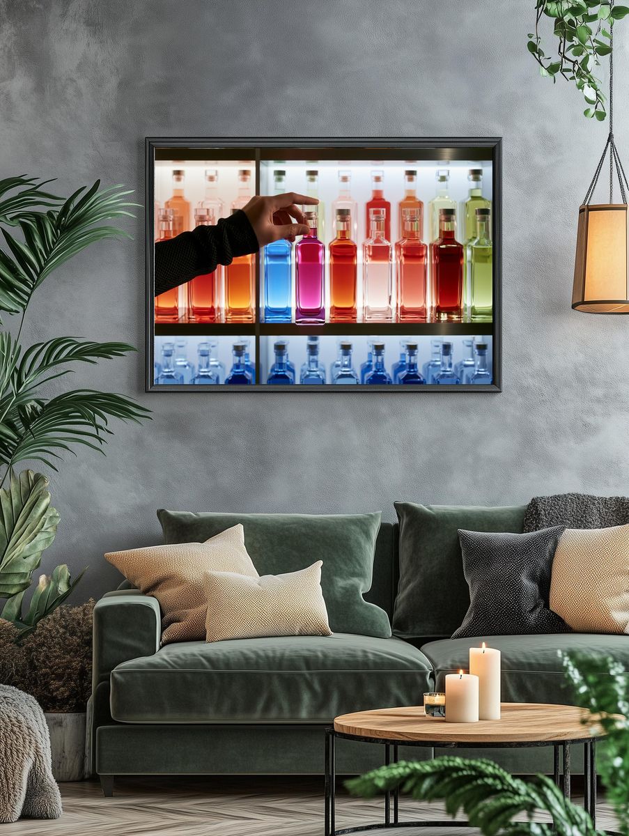 Colorful Perfume Bottles Photography Poster. — room view 4