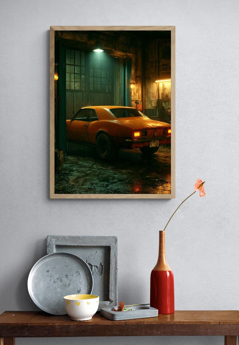Orange Muscle Car Garage Poster. — room view 3