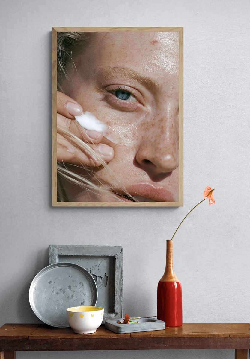 Freckled Face Close-Up Photography Poster. — room view 3