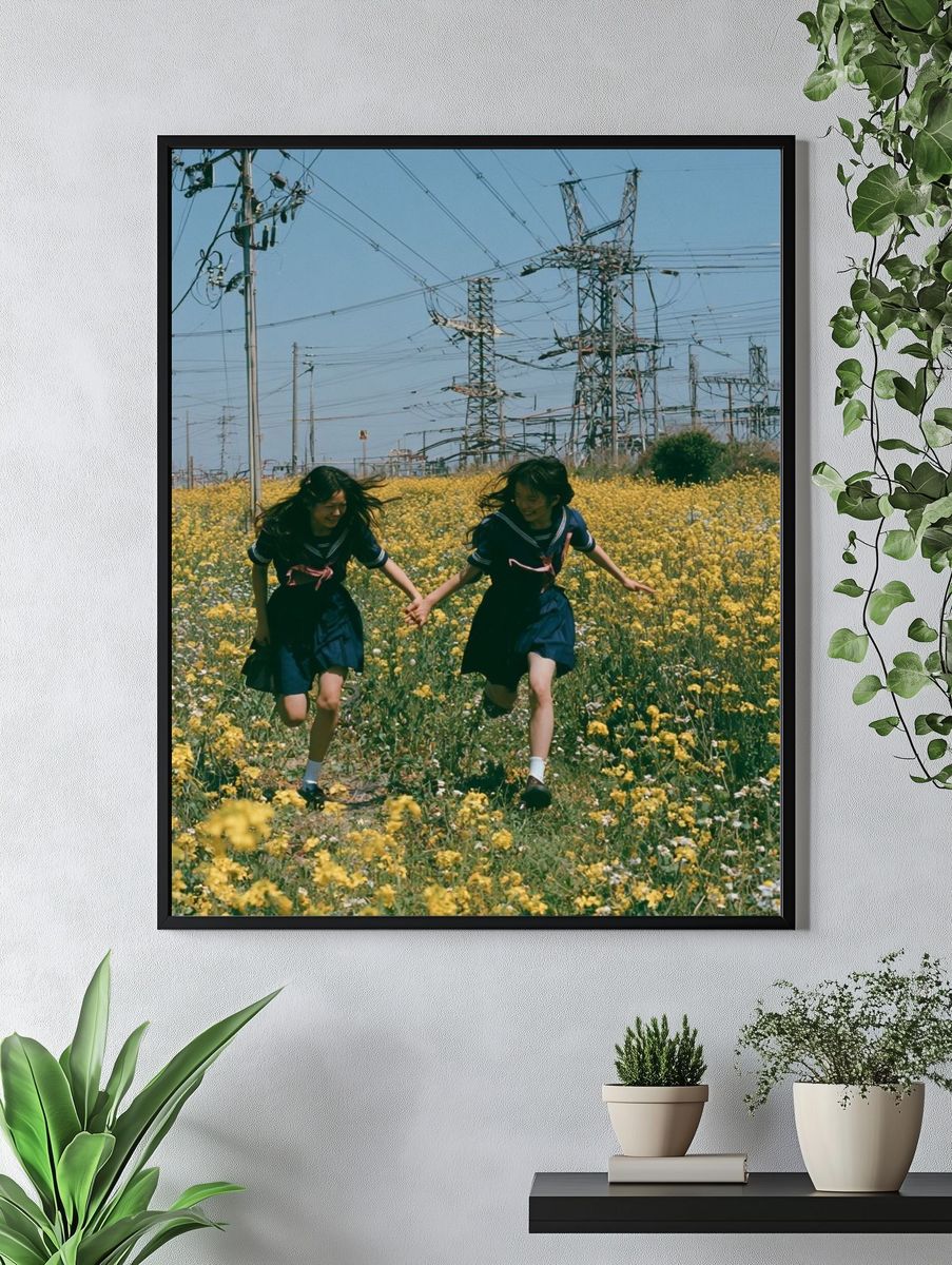 Girls Running Through Wildflowers Poster. — room view 4