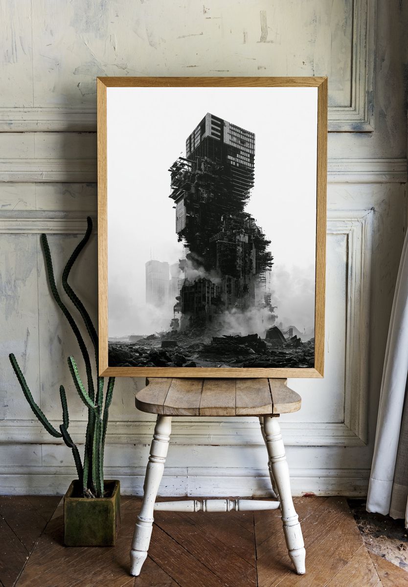 Ruined Tower Cityscape Photography Poster. — room view 1