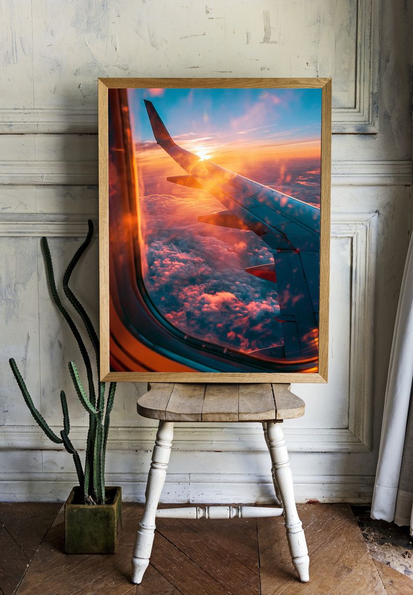 Airplane Wing Sunset Photography Poster. — room view 1