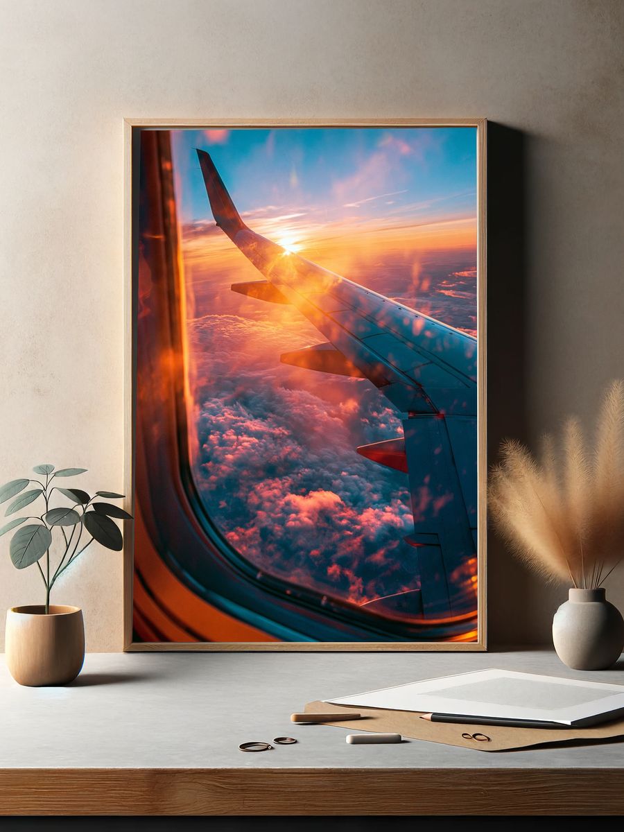 Airplane Wing Sunset Photography Poster. — room view 2