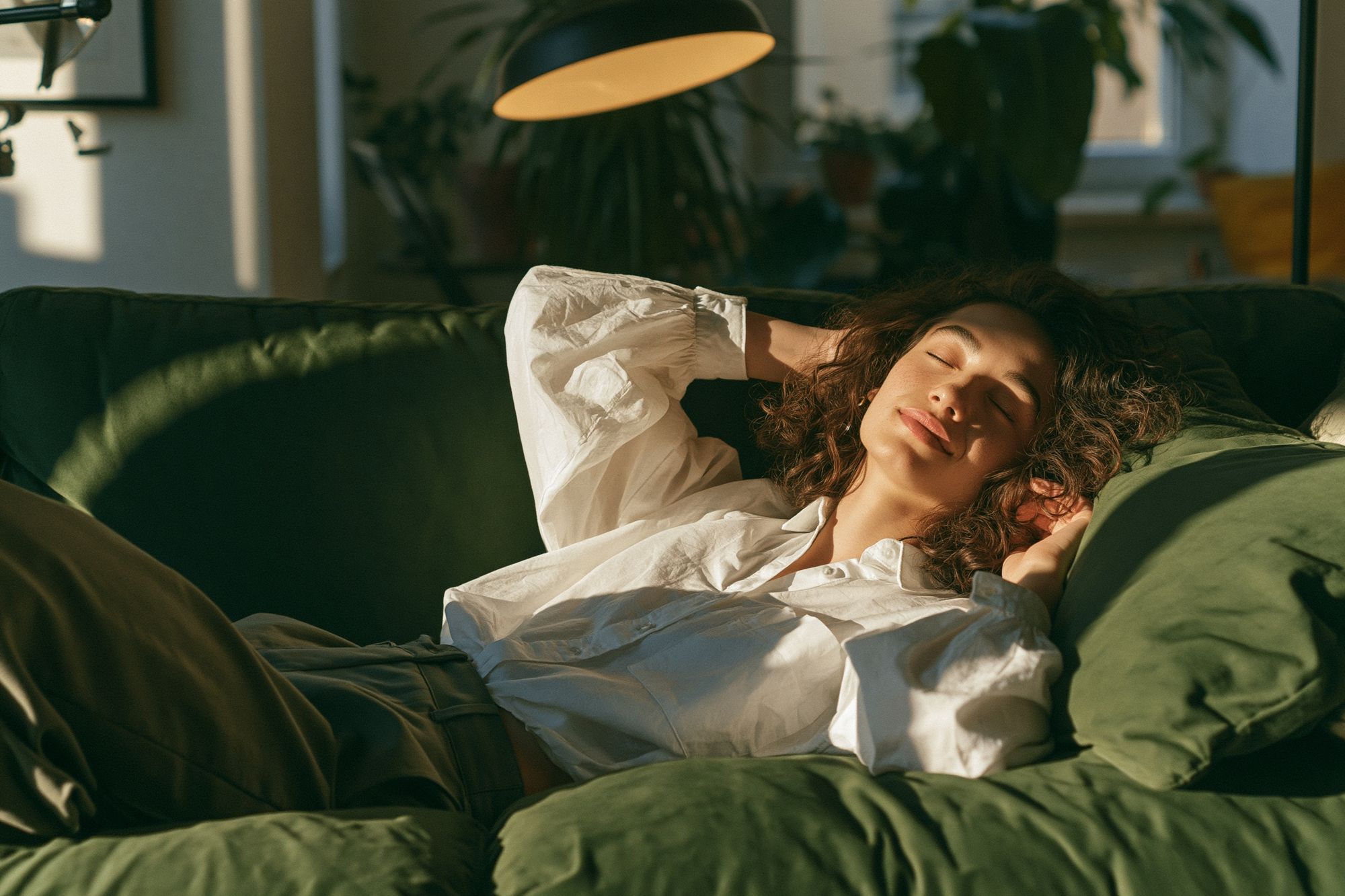 Relaxed Woman on Sofa Photography Poster. poster detail