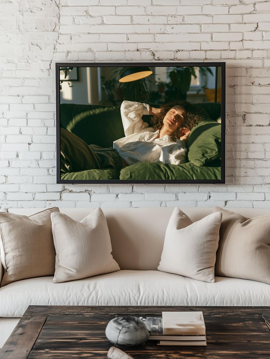 Relaxed Woman on Sofa Photography Poster. — room view 1