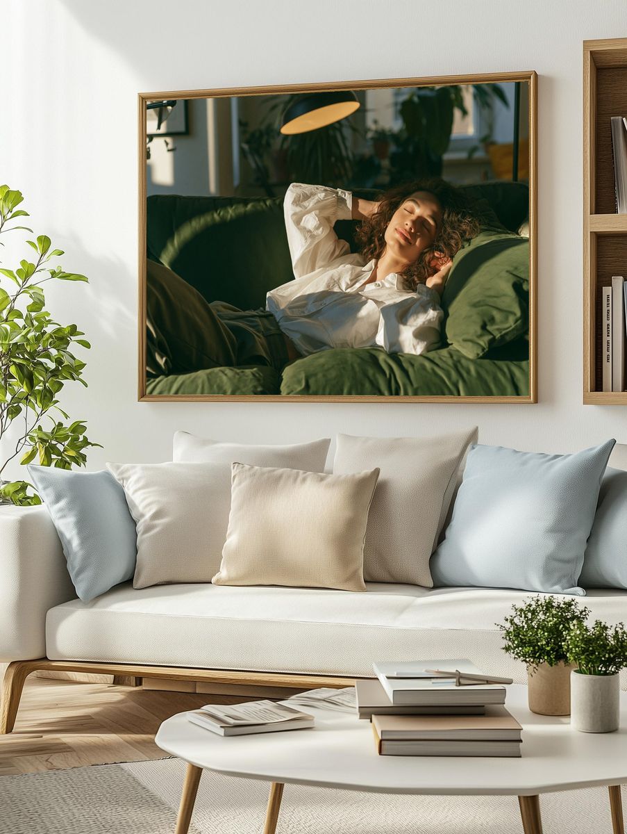 Relaxed Woman on Sofa Photography Poster. — room view 2