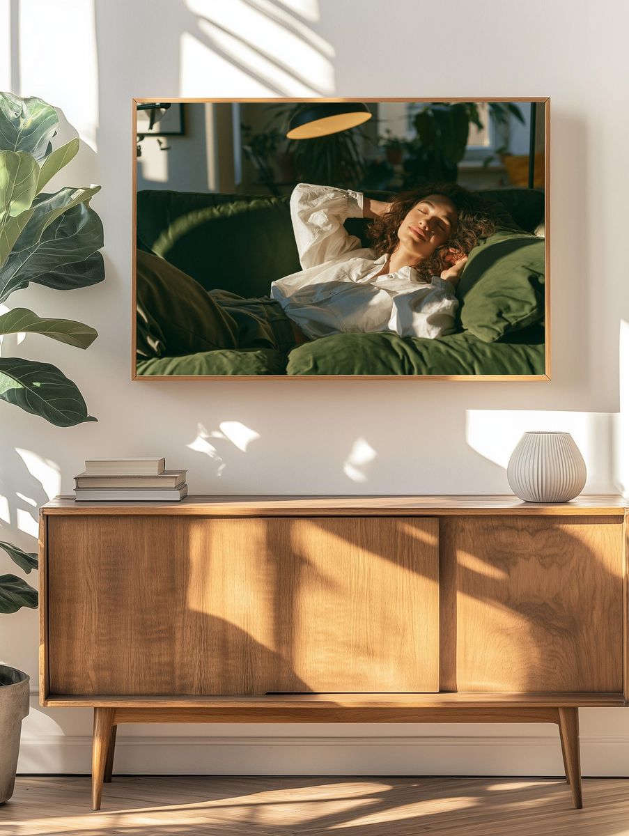 Relaxed Woman on Sofa Photography Poster. — room view 3