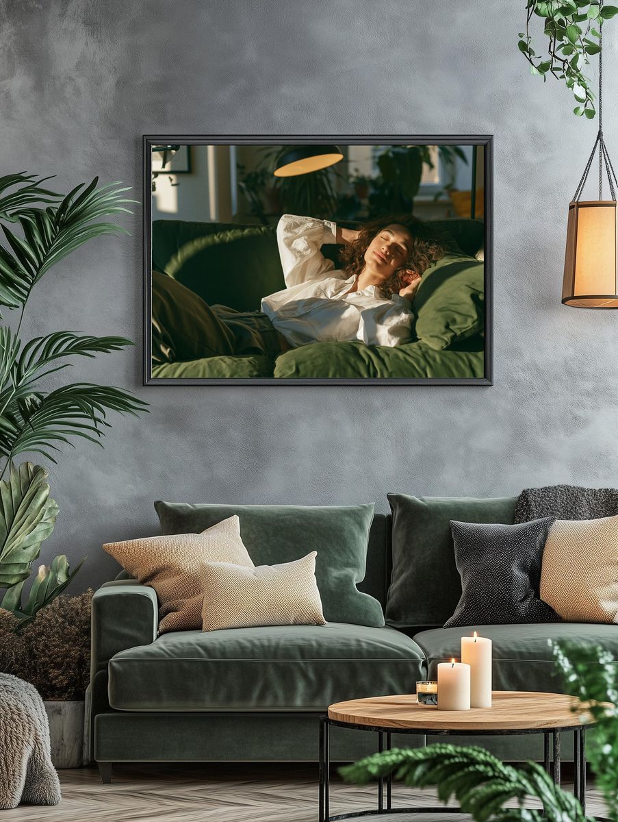 Relaxed Woman on Sofa Photography Poster. — room view 4