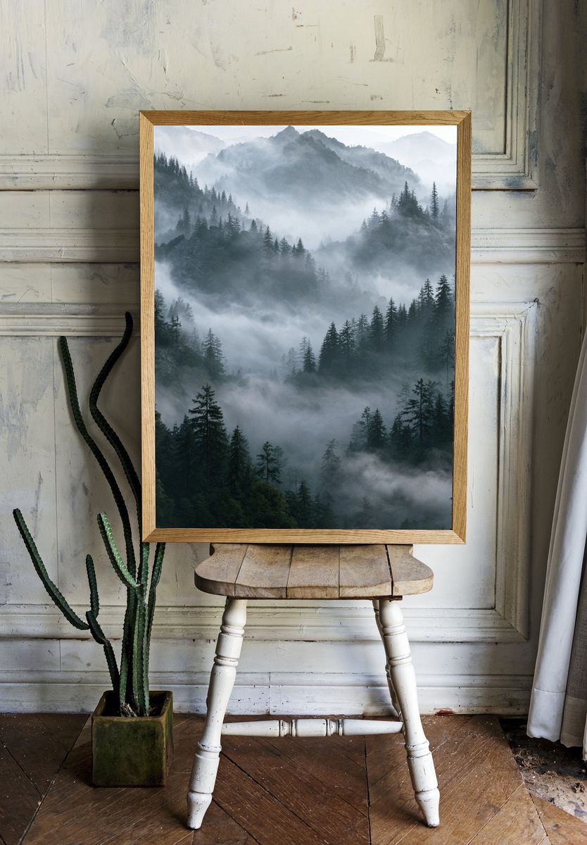 Misty Pine Mountains Photography Poster. room preview