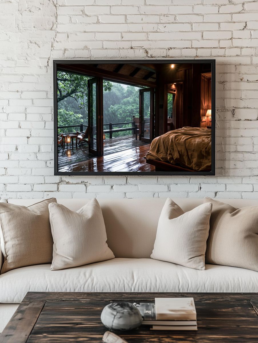 Rainy Jungle Cabin Photography Poster. room preview