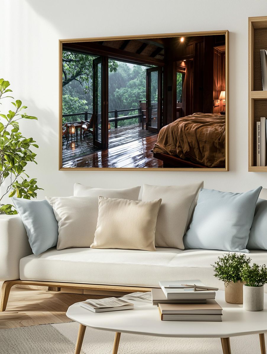 Rainy Jungle Cabin Photography Poster. — room view 2