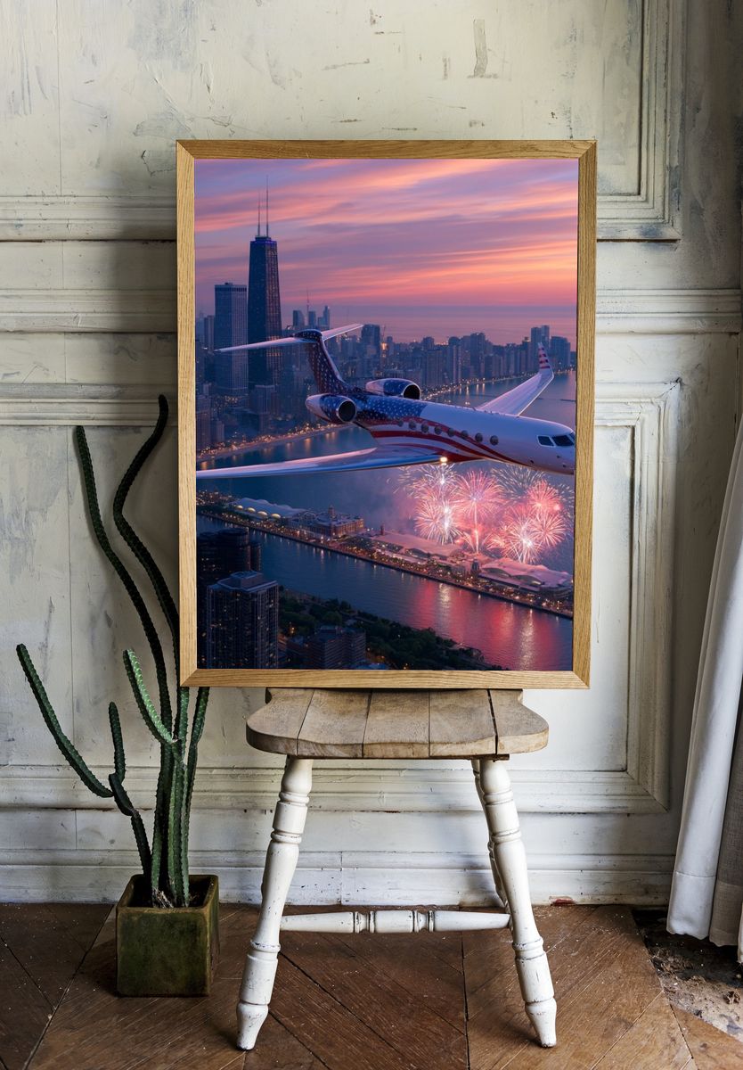 American Jet Over Chicago Sunset Poster. — room view 1