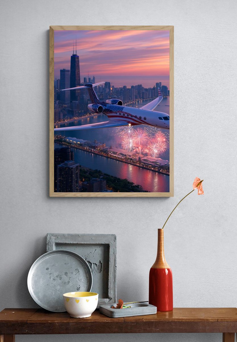 American Jet Over Chicago Sunset Poster. — room view 3
