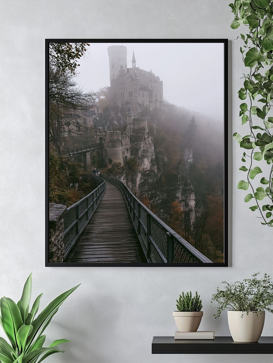 Foggy Castle Bridge Photography Poster. — room view 4
