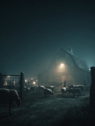 Foggy Farm at Night Photography Poster. poster print