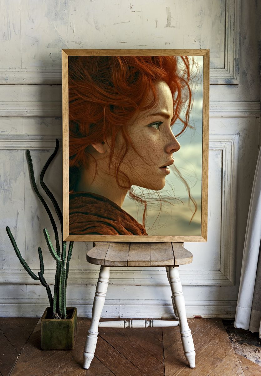Red-Haired Woman Portrait Print. room preview