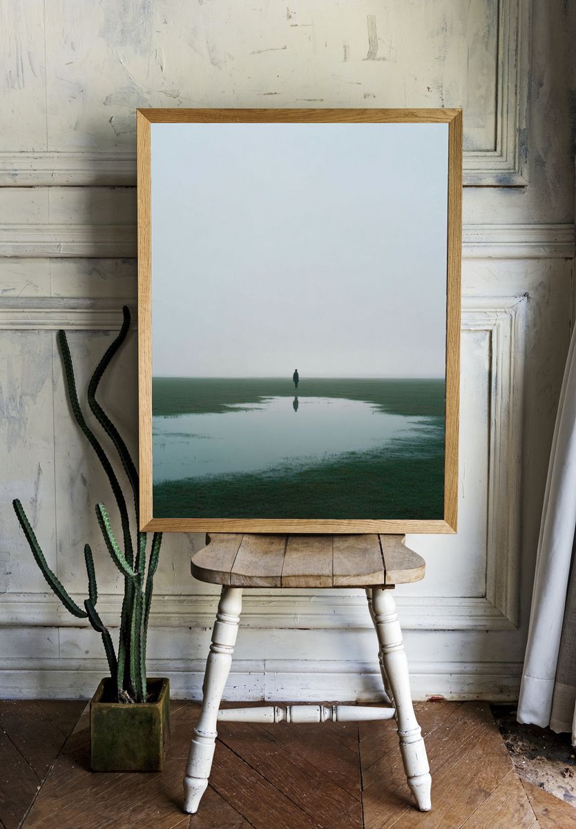 Lone Figure in Misty Field Poster. — room view 1