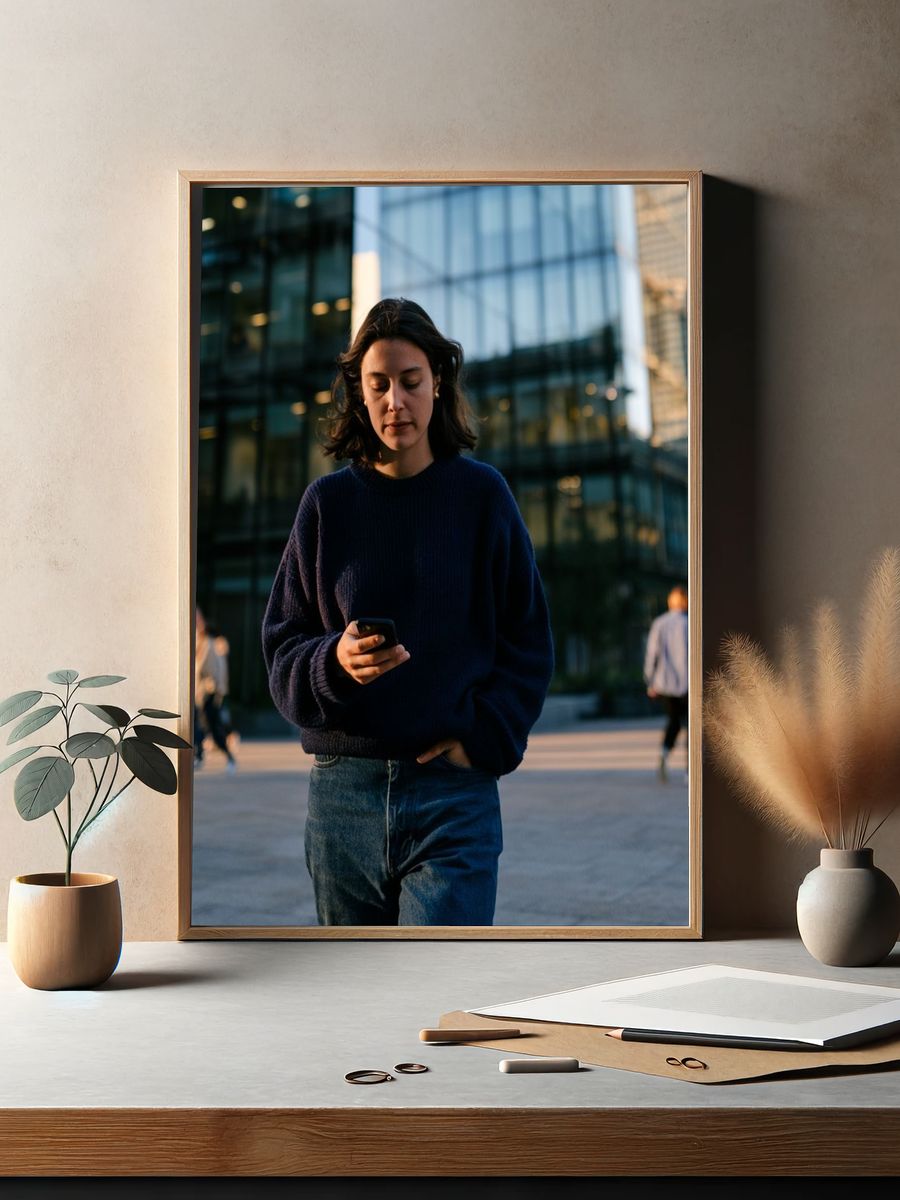 Urban Woman with Phone Photography Poster. — room view 2