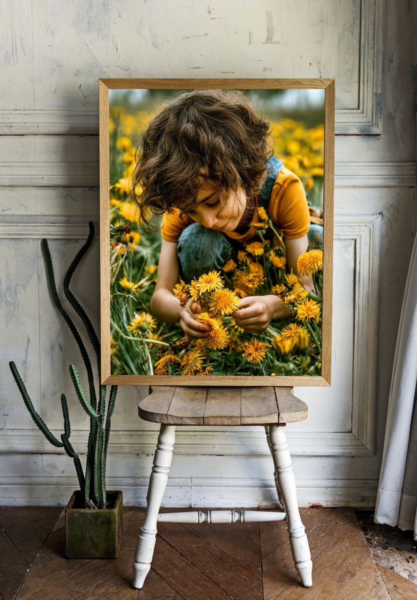 Child in Dandelion Field Photography Poster. — room view 1