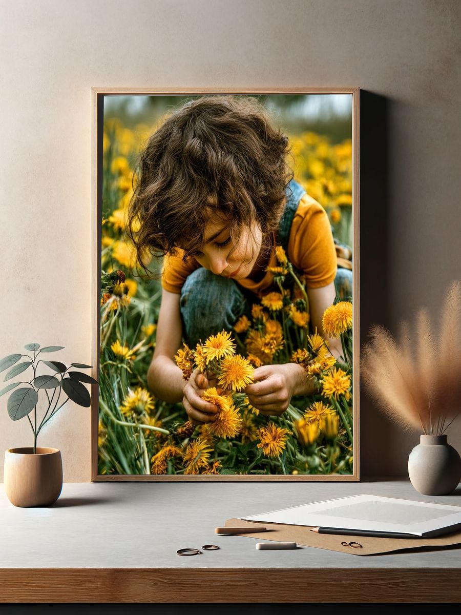 Child in Dandelion Field Photography Poster. — room view 2