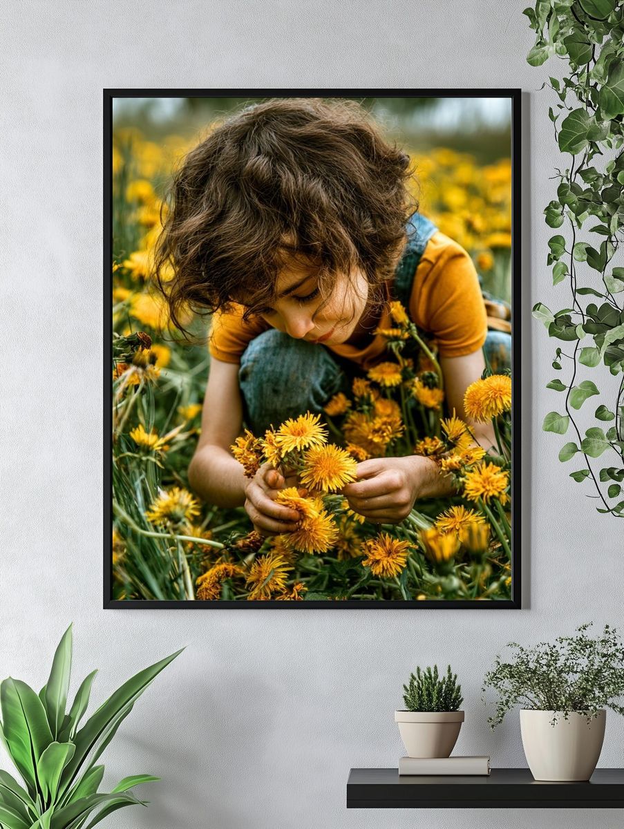 Child in Dandelion Field Photography Poster. — room view 4