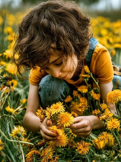 Child in Dandelion Field Photography Poster.