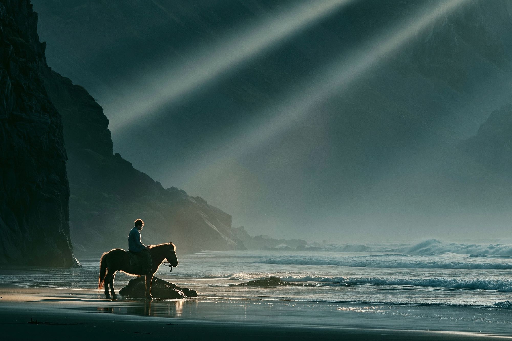Horse on Misty Beach Photography Poster. poster detail