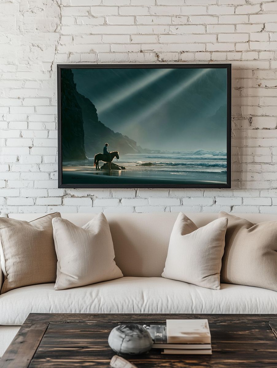 Horse on Misty Beach Photography Poster. — room view 1
