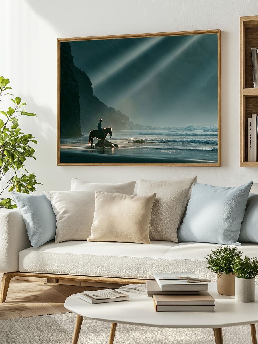 Horse on Misty Beach Photography Poster. — room view 2