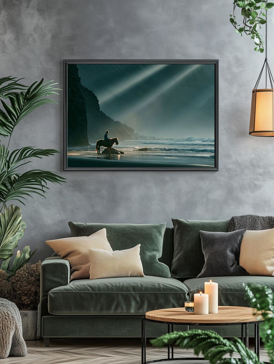 Horse on Misty Beach Photography Poster. — room view 4