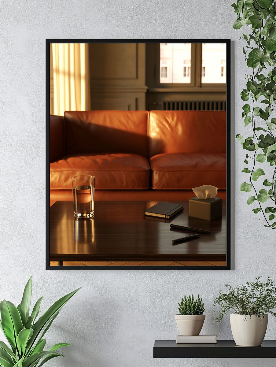 Sunlit Leather Sofa Interior Photography Poster. — room view 4